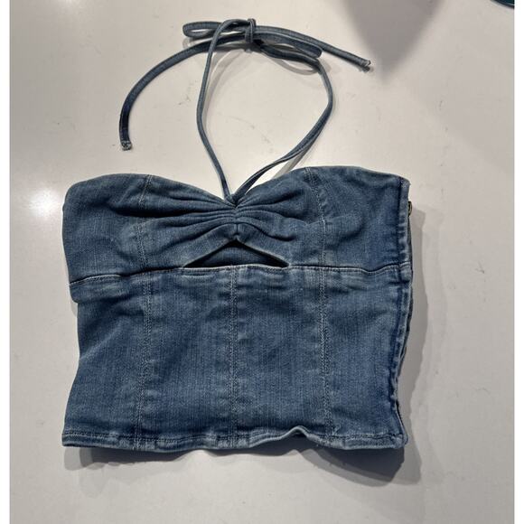 Tiger Mist Denim Halter Crop Top Size XS Cut Out - Picture 1 of 9
